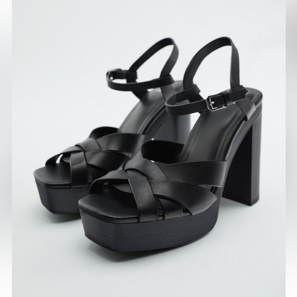 NEW Zara 100% cow leather platform heeled sandals - Picture 3 of 9